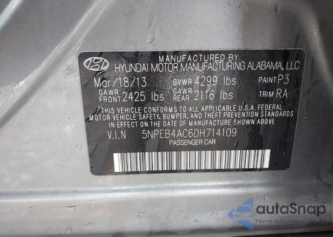 2013 Hyundai Sonata Gls z USA, uszkodzony, nr VIN 5NPEB4AC6DH714109